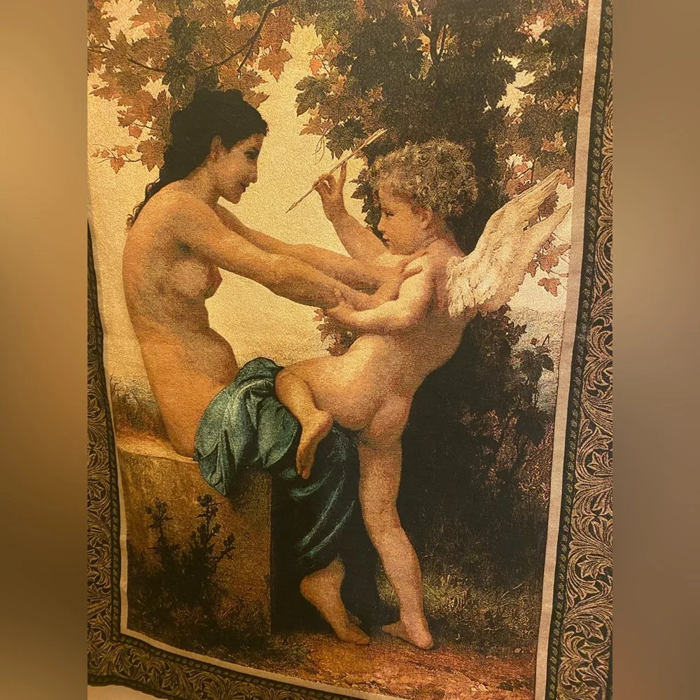 Tapestry Girl defending herself against love. 100% Cotton. 36”Wx50”L